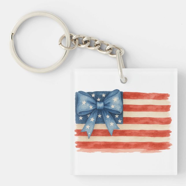 Llavero Coquette Bow American Flag Watercolor 4 de julio (Frente)