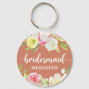 Llavero Coral Watercolor Floral Bridesmaid Nombre Keychain