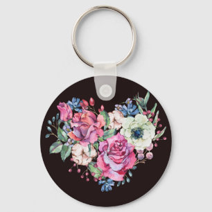 Llavero Corazón acuarela floral: rosas vintage.
