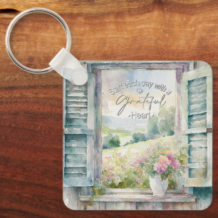 Llavero Corazón agradecido acuarela floral ventana 