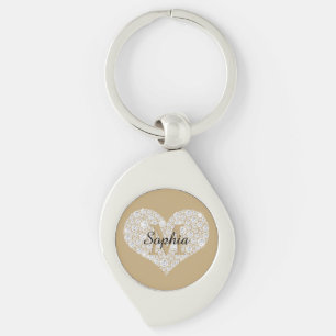 Llavero Corazón de diamante grande, monograma de oro, nomb