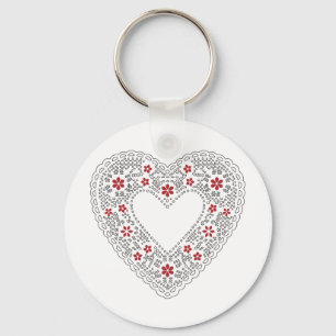 Llavero Corazón de encaje rojo y blanco