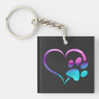 Llavero Corazón de Huella de Perro Cyan Púrpura 