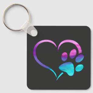 Llavero Corazón de Huella de Perro Cyan Púrpura