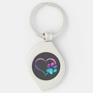 Llavero Corazón de Huella de Perro Cyan Púrpura