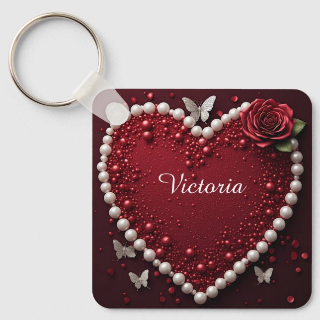 Llavero Corazón de Perla Roja con Rosas para Decoración de (Anverso)
