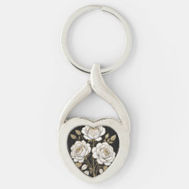 Llavero Corazón de rosa floral blanco y dorado elegante -