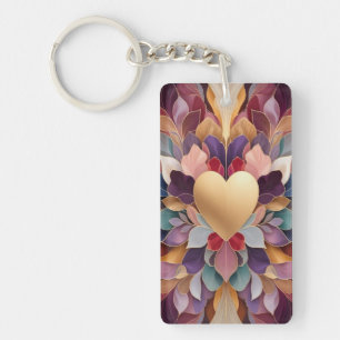 Llavero Corazón Dorado Flor Elegante Simetría Multicolor