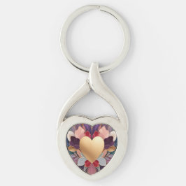 Llavero Corazón Dorado Flor Simétrica Elegante Multicolor