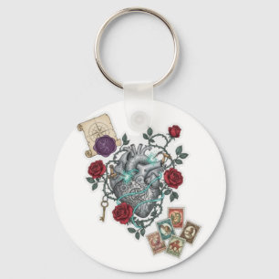 Llavero Corazón Mecánico con Rosas – Arte Surrealista Vint