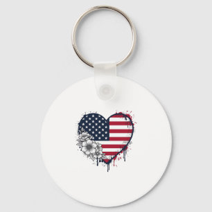 Llavero Corazón Patriótico Diseño Floral de Grabado Vintag