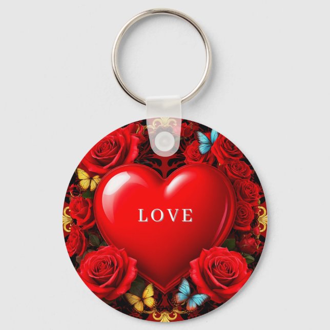 Llavero Corazón Romántico Con Rosas Y Mariposas ❤️ (Anverso)