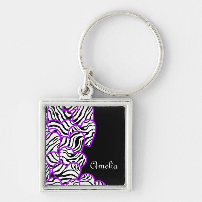 Llavero Corazones de cebra morada Keychain (Frente)