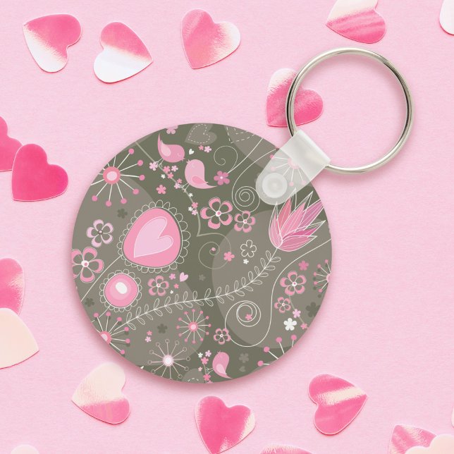 Llavero Corazones, pájaros y flores de rosa y gris singula (Subido por el creador)