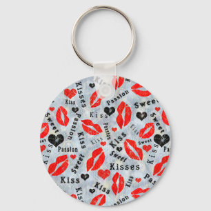 Llavero Corazones, rojo, negro, huellas de labios, besos