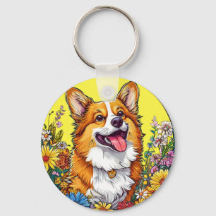 Llavero Corgi encantador rodeado de flores coloridas