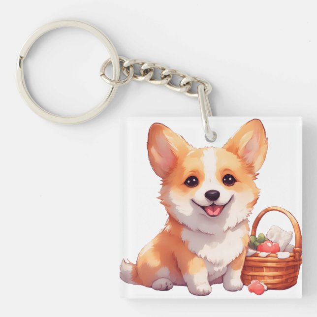 Llavero Corgi joyeux avec un panier de pique-nique (Frente)