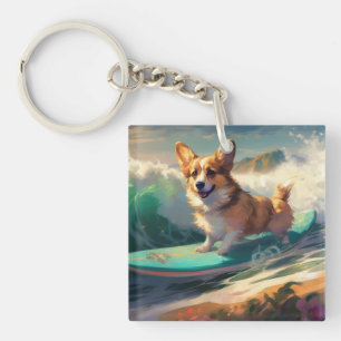 Llavero Corgi Pintura de Surf en la Playa