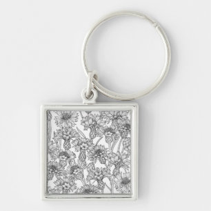 Llavero Cornflores, flores silvestres en blanco y negro