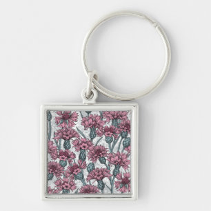 Llavero Cornflores rosas, flores silvestres en blanco