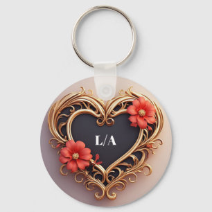 Llavero Corona de corazón ornamental dorado con flores roj