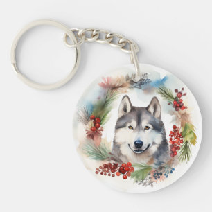 Llavero Corona de Navidad de Alaskan Malamute Cachorro Fes