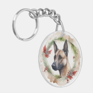 Llavero Corona festiva de cachorro Malinoi belga de Navida