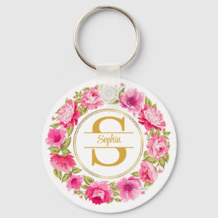 Llavero Corona floral de peonía rosa en acuarela Monograma
