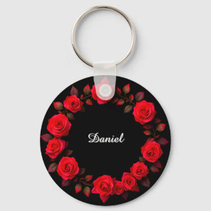 Llavero Corona floral de rosa roja sobre fondo negro