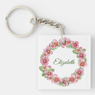 Llavero Corona floral rosa y verde personalizada