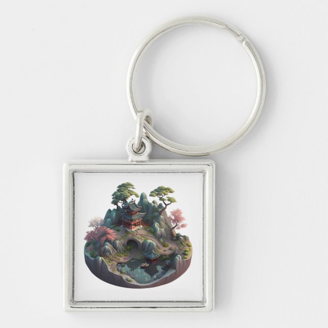 Llavero Corta fantasía china 3D Paisaje Keychain cuadrado (Frente)