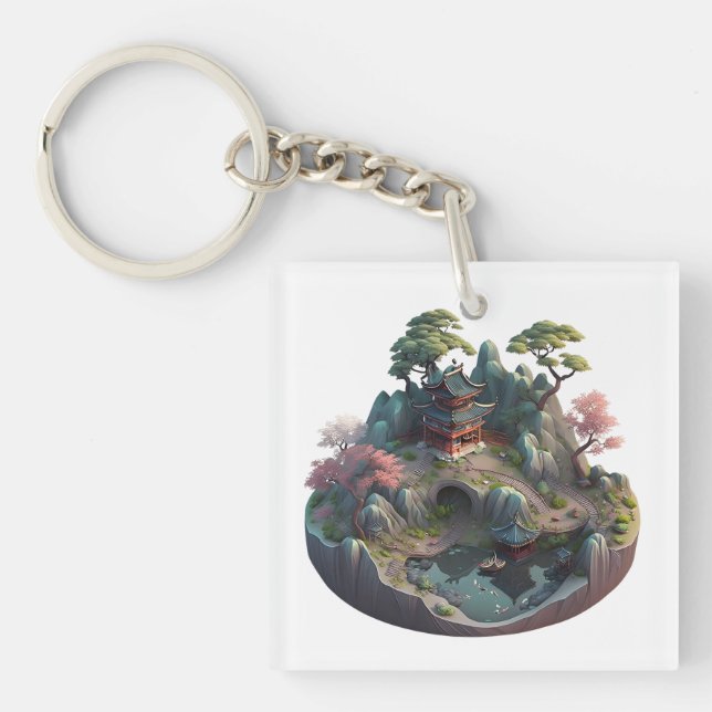 Llavero Corta fantasía china 3D Paisaje Keychain cuadrado (Frente)