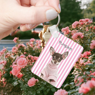 Llavero Cortar Foto de Perro Familiar con Raya Rosa y Blan