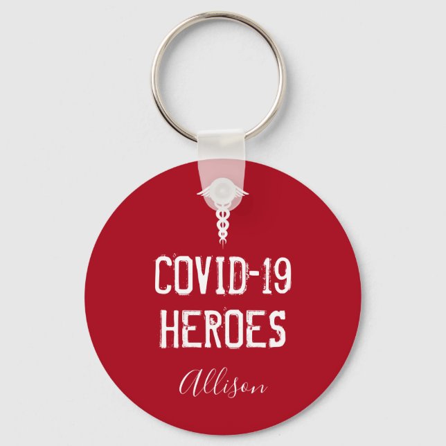 Llavero Covid 19 Héroes Caduceo Blanco Rojo Personalizado (Anverso)