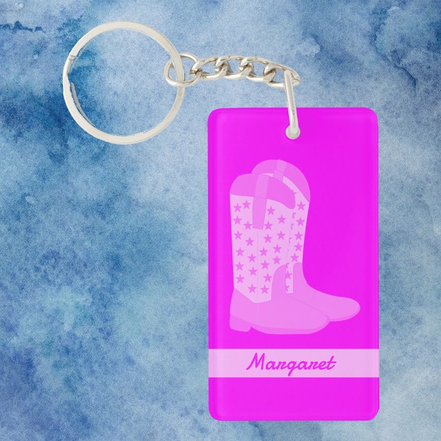 Llavero Cowboy Boots Stars Pink Personaliza (A key chain with pink cowboy boots and text you can personalize!)