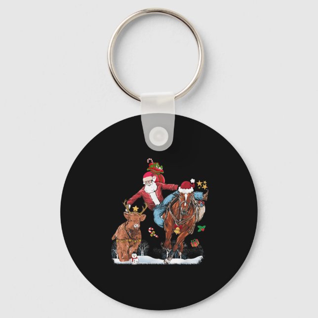Llavero Cowboy Santa Bulldogging Western Cowboy Xmas Funny (Anverso)
