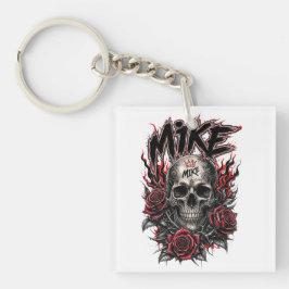 Llavero Cráneo gótico de Mike con rosas rojas y llamas