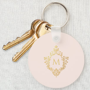 Llavero Crest Falso Dorado Elegante Rosa Monograma Vintage
