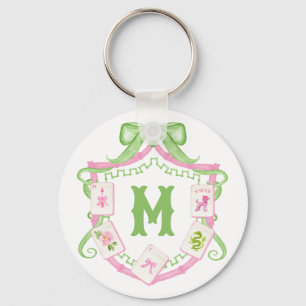 Llavero Crest Monograma Mahjong con Lazo Rosa y Verde Acua