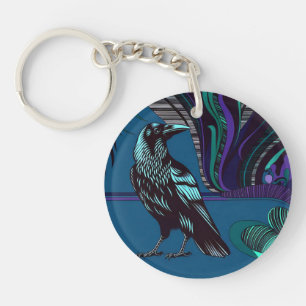 Llavero Crow Design Acrylon Keychain Round Purple Blue