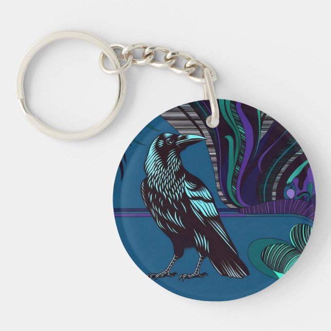 Llavero Crow Design Acrylon Keychain Round Purple Blue (Frente)