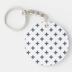 Llavero Cruces de polka azul-gris sobre blanco