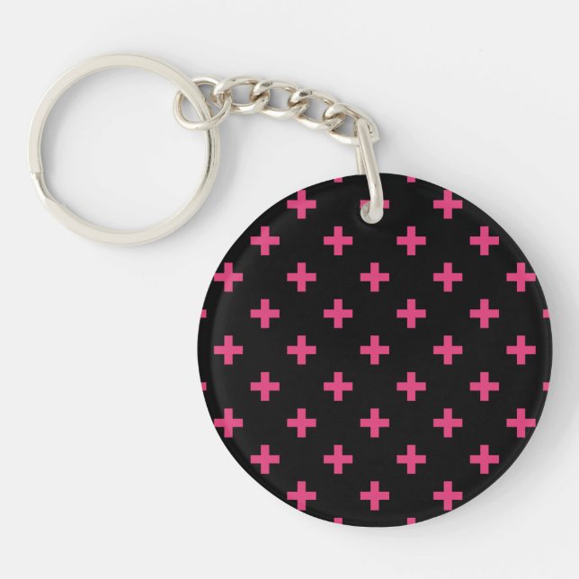 Llavero Cruces de polka de Fuchsia sobre negro (Frente)