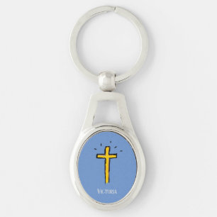 Llavero Cruz Cristiana Dorada Nombre Personalizado Azul 