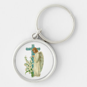Llavero Cruz cristiana florecida azul