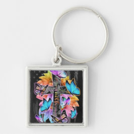 Llavero Cruz de la fe, mariposas y flores