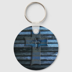 Llavero Cruz de madera azul