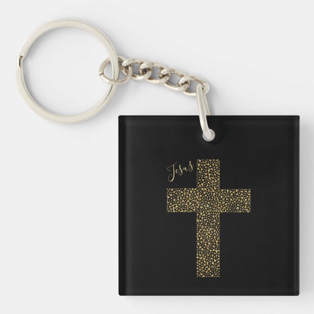 Llavero Cruz de oro de Jesús de moda negro (Frente)