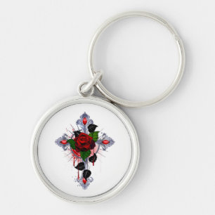 Llavero Cruz de Plata con una Rosa Roja