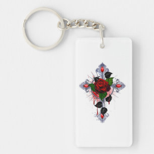 Llavero Cruz de Plata con una Rosa Roja